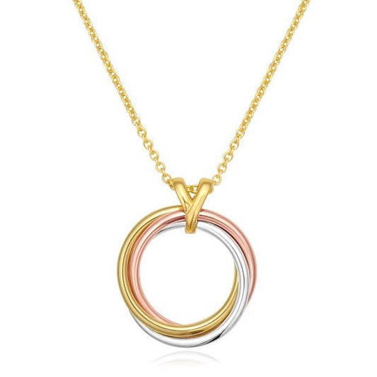 Real 14K Tri-Color Gold Interlocked Circle Trinity Pendant Necklace 18"