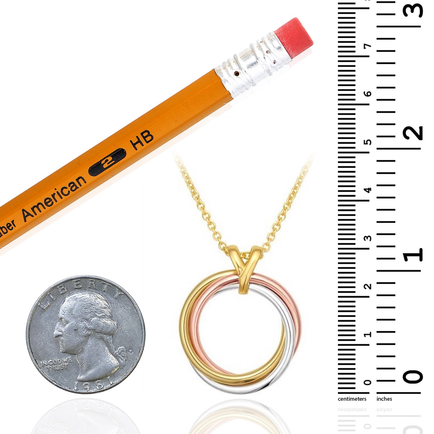 Real 14K Tri-Color Gold Interlocked Circle Trinity Pendant Necklace 18"