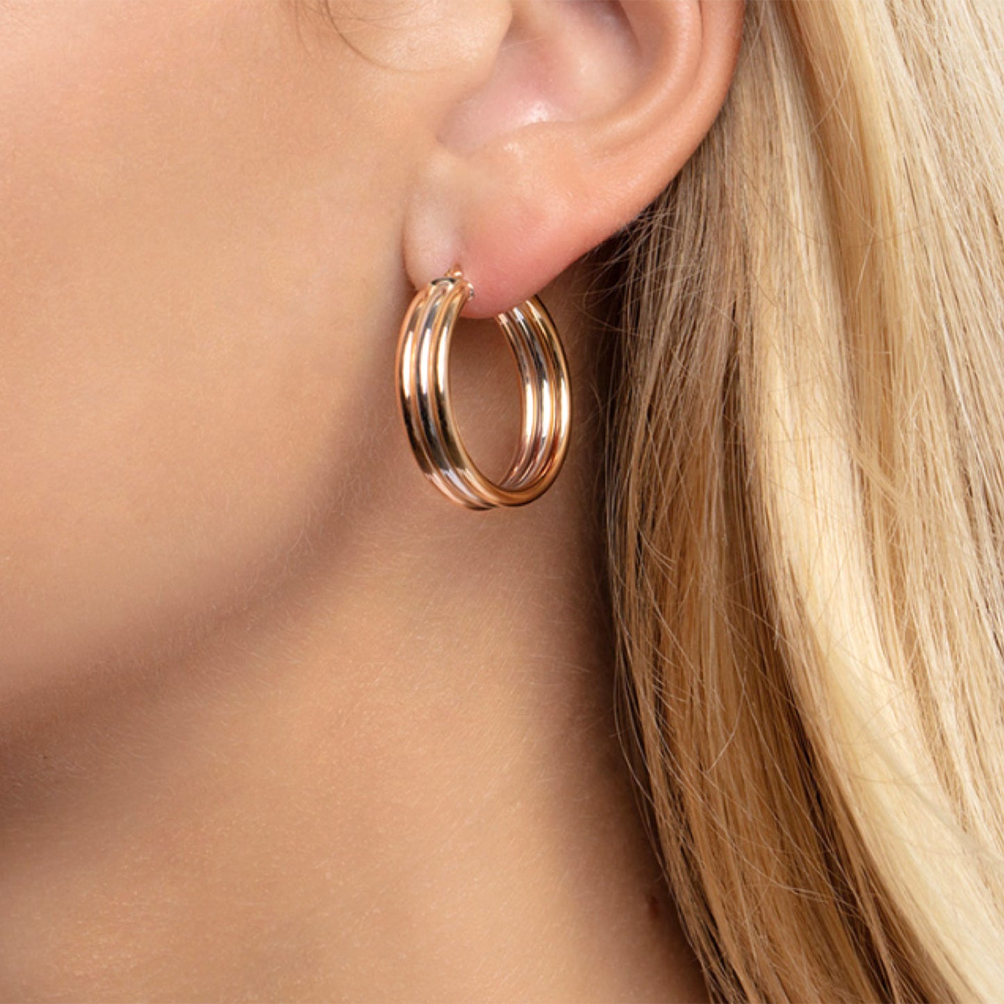 Real 14K Tri-Color Gold Trinity Tube Hoops Earrings 27mm