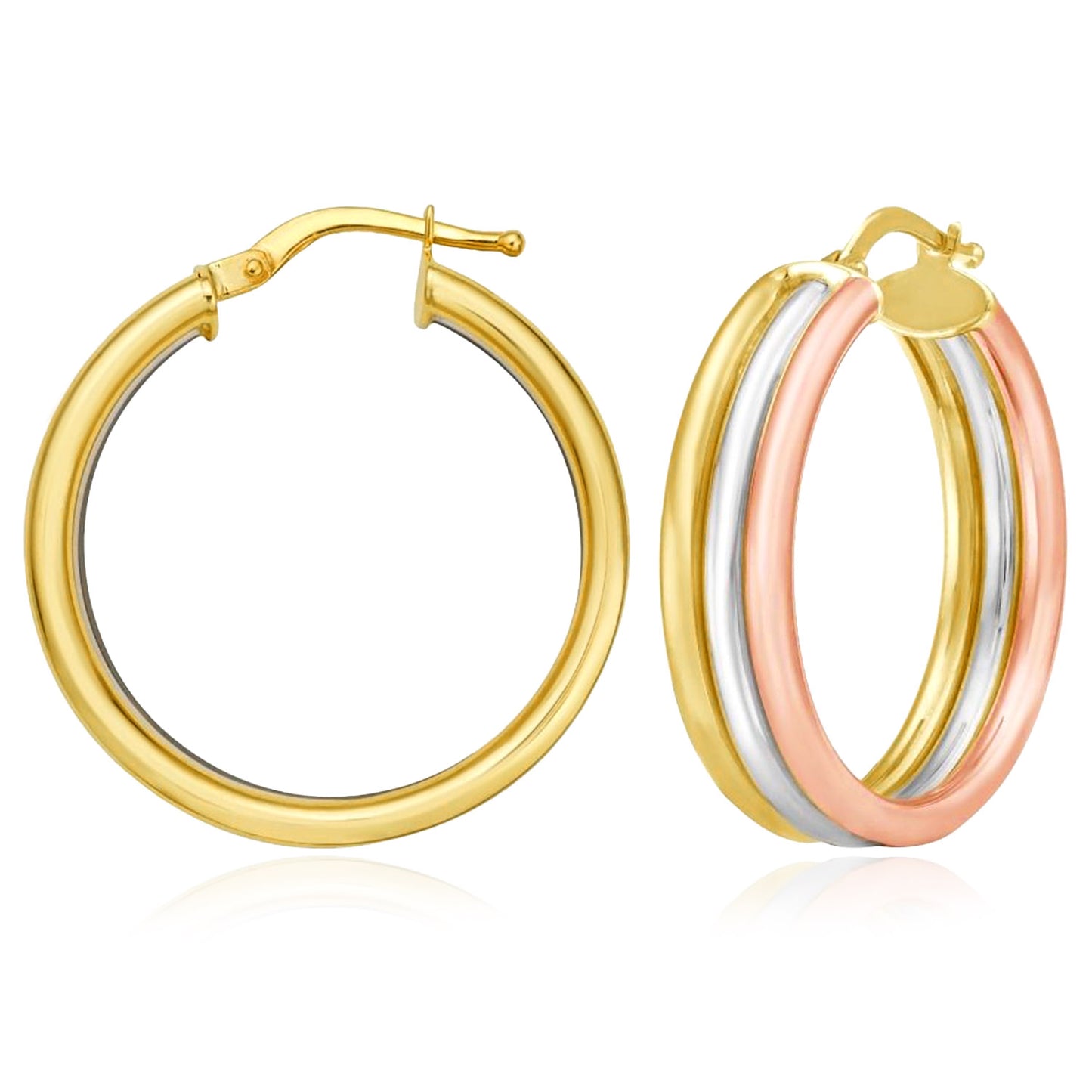 Real 14K Tri-Color Gold Trinity Tube Hoops Earrings 27mm