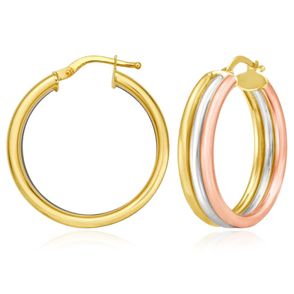 Real 14K Tri-Color Gold Trinity Tube Hoops Earrings 27mm
