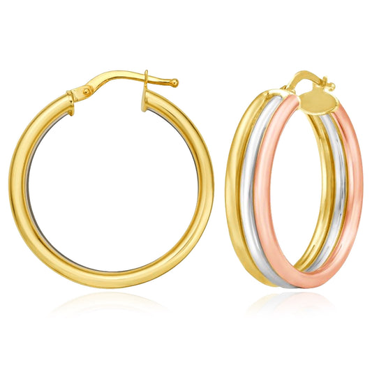 Real 14K Tri-Color Gold Trinity Tube Hoops Earrings 27mm