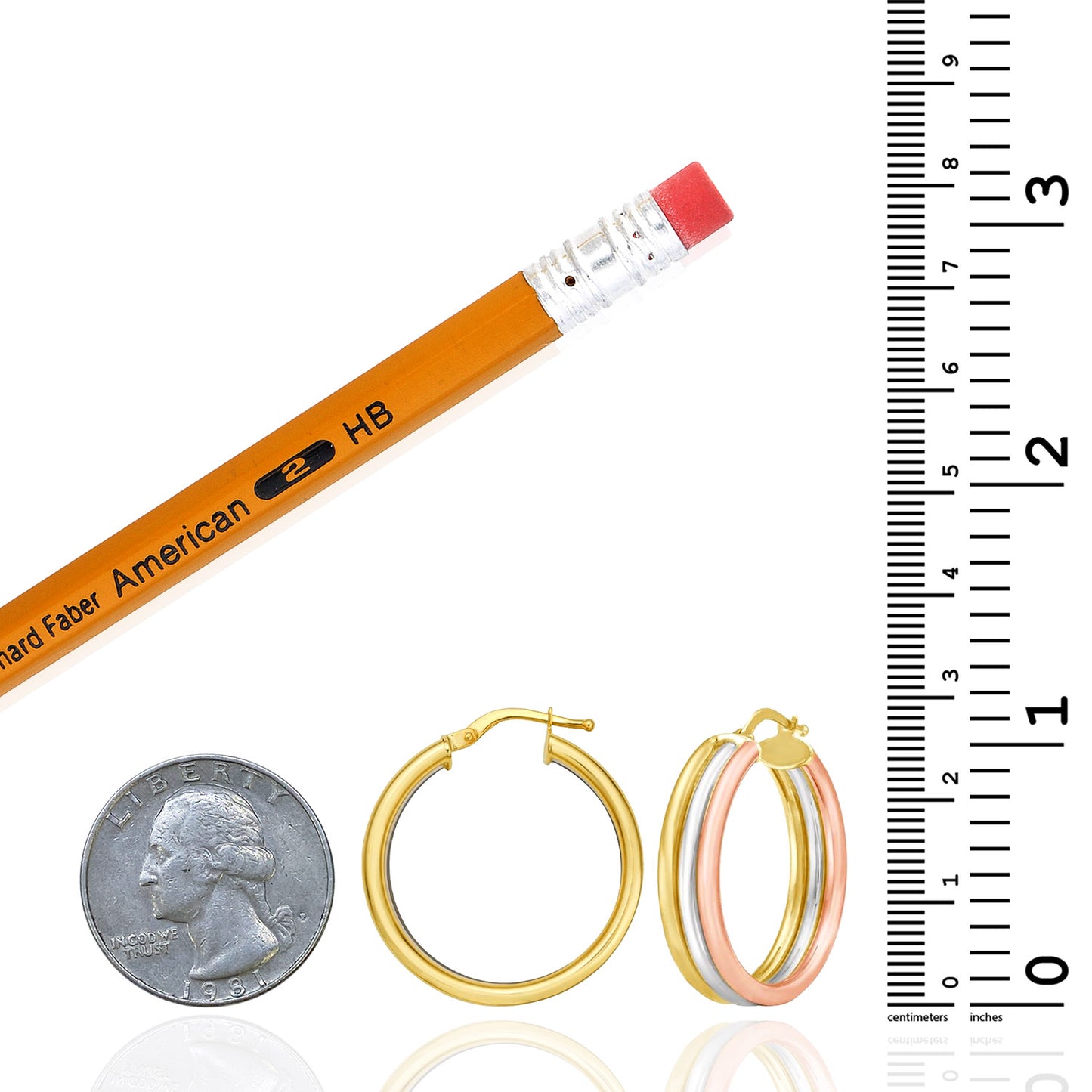 Real 14K Tri-Color Gold Trinity Tube Hoops Earrings 27mm