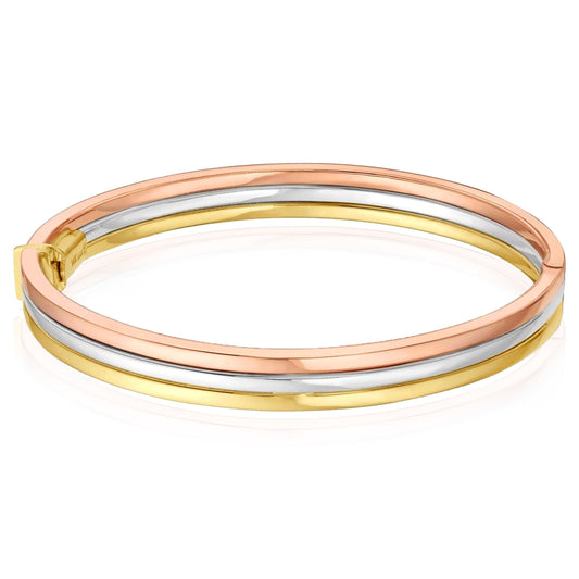 Real 14K Tri-color Gold Polished Layered Trinity Bangle Bracelet 7.5"