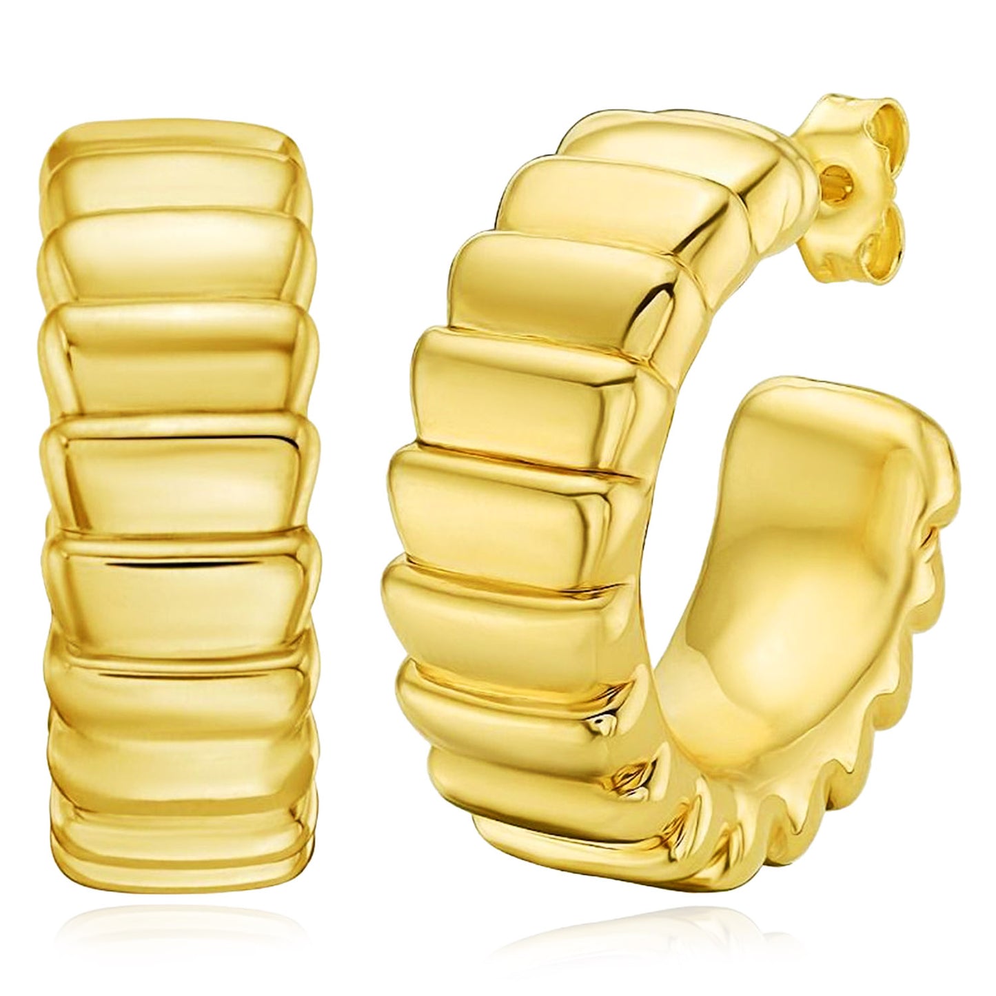 Real 14K Gold Ribbed Straight Edge C-Hoops Earrings 23mm