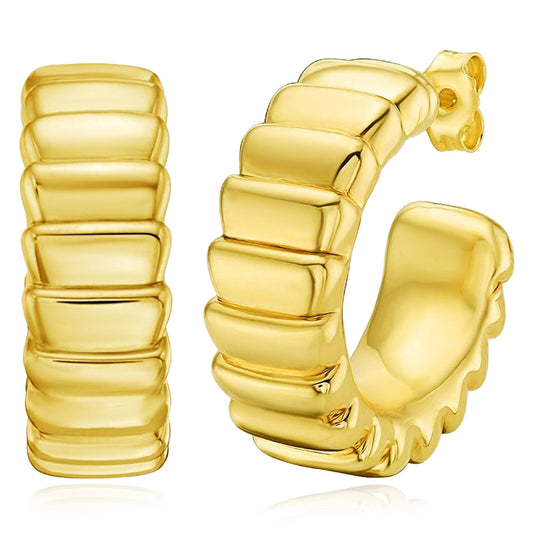 Real 14K Gold Ribbed Straight Edge C-Hoops Earrings 23mm