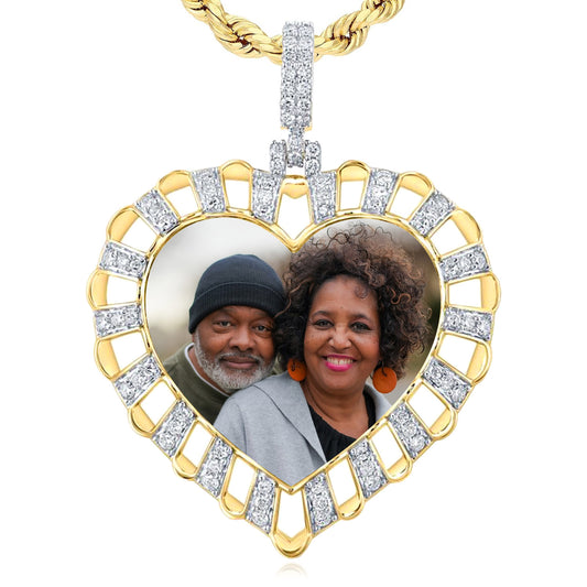 0.87CTW Real Diamond Real 10K Gold Customizable Heart Memory Pendant 1.8"