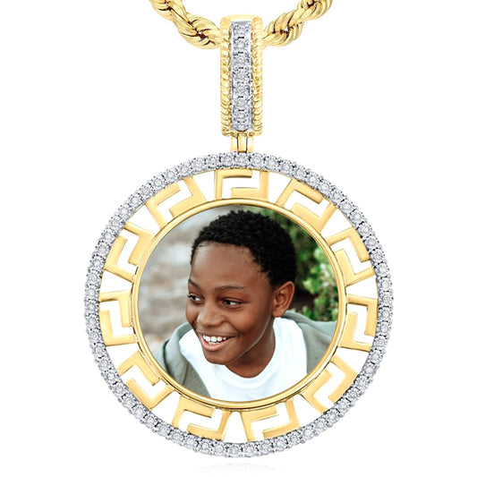 0.20CTW Real Diamond Real 10K Gold Circle Greek Key Memory Customizable Pendant 2"