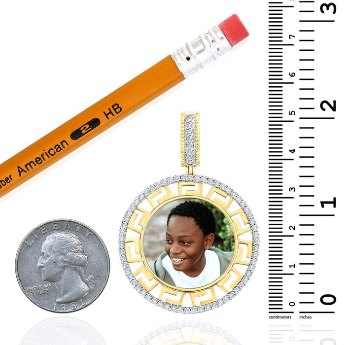 0.20CTW Natural Diamond Real 10K Gold Circle Greek Key Memory Customizable Pendant 2" - WJD Exclusives