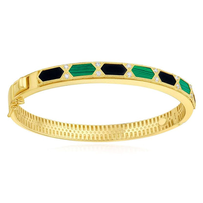 Real 14K Gold 0.24CTW Real Diamond Malachite MOP Onyx 7mm Bangle Bracelet 7.5"