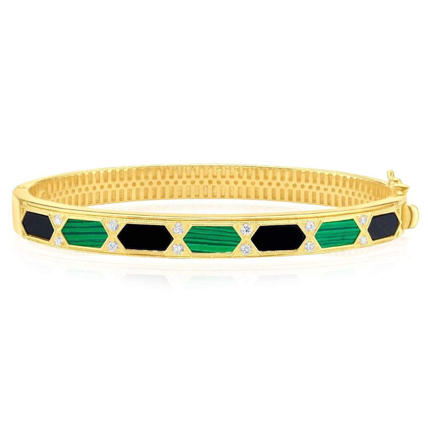 Real 14K Gold 0.24CTW Real Diamond Malachite MOP Onyx 7mm Bangle Bracelet 7.5"