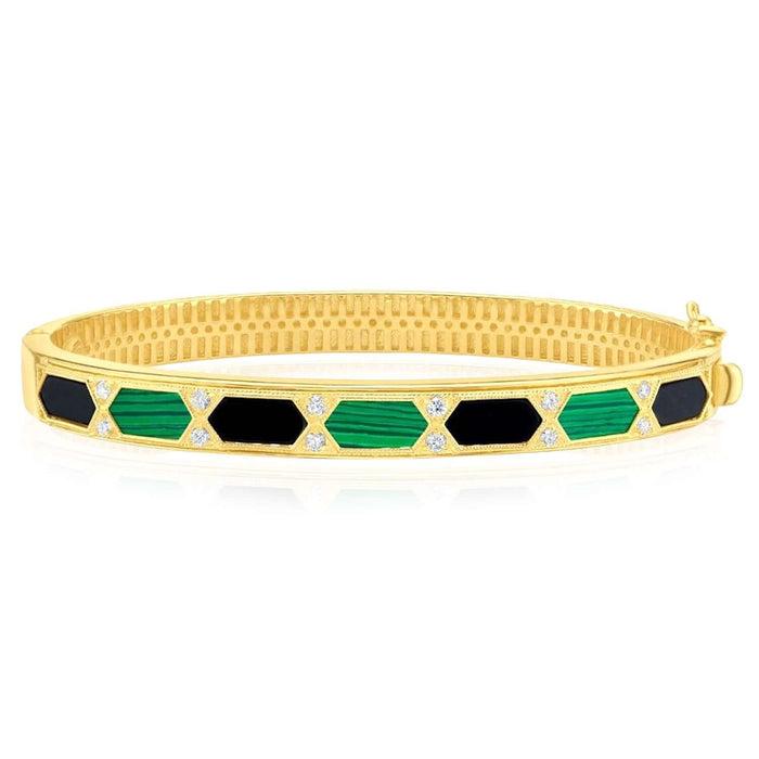 0.24CTW Natural Diamond Malachite MOP Onyx 14K Yellow Gold 7mm Bangle Bracelet (Solid Links) 7.5" - WJD Exclusives