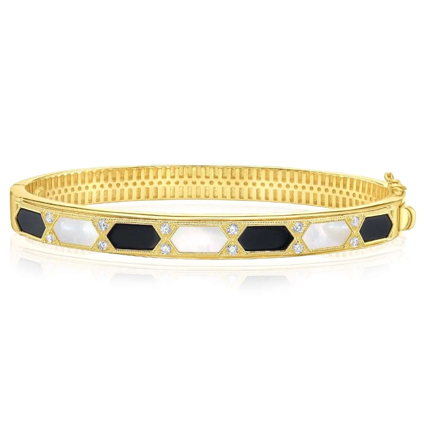 Real 14K Gold 0.24CTW Real Diamond Malachite MOP Onyx 7mm Bangle Bracelet 7.5"