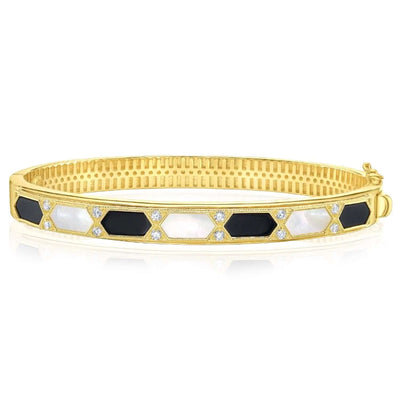 0.24CTW Natural Diamond Malachite MOP Onyx 14K Yellow Gold 7mm Bangle Bracelet (Solid Links) 7.5" - WJD Exclusives