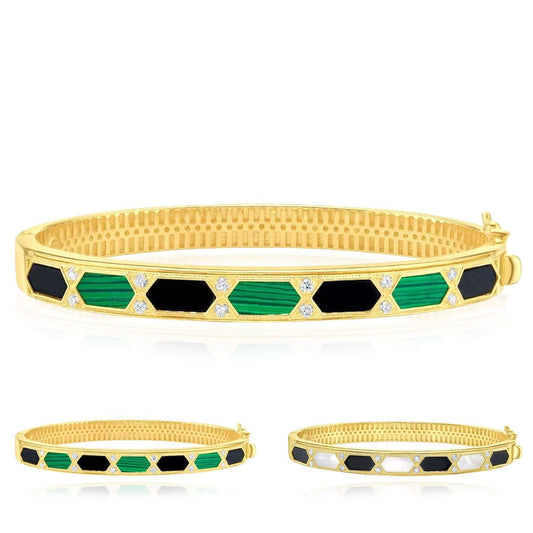 Real 14K Gold 0.24CTW Real Diamond Malachite MOP Onyx 7mm Bangle Bracelet 7.5"