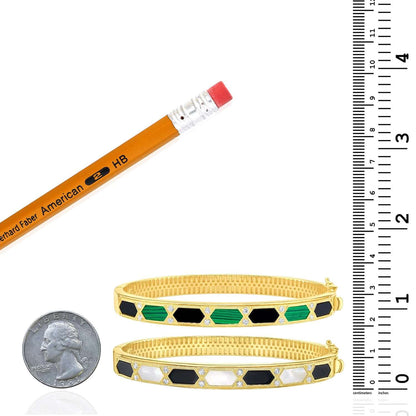 Real 14K Gold 0.24CTW Real Diamond Malachite MOP Onyx 7mm Bangle Bracelet 7.5"