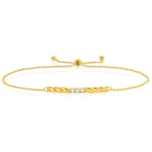 Real 14K Gold 0.09 CTW Real Diamond Friendship Twisted Bar Adjustable Bracelet 9.25"