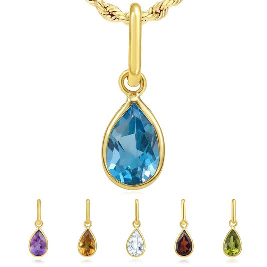 Real 14K Gold Natural Gemstone Pear Charm Pendant 0.75"