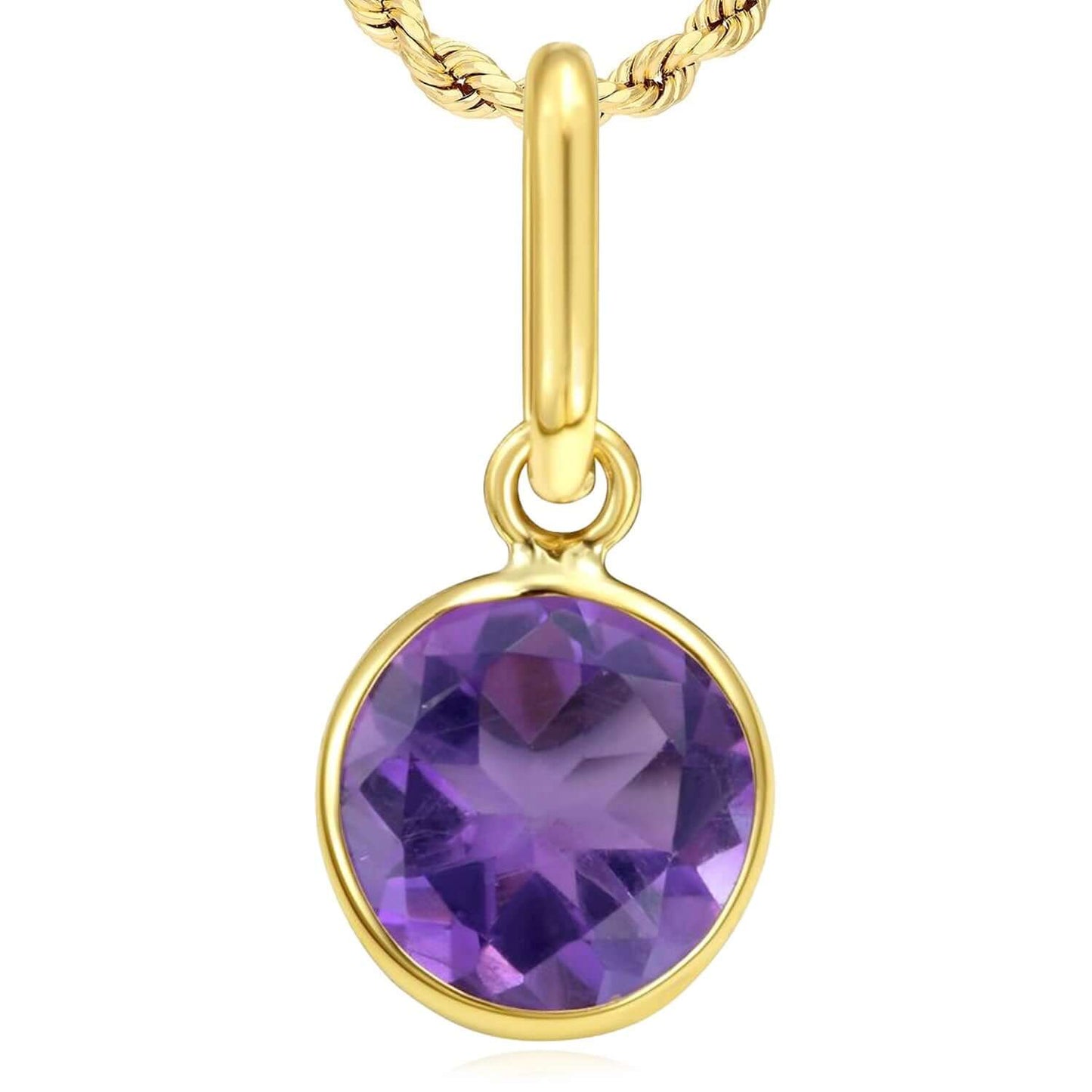 Real 14K Gold Round Solitaire Natural Gemstone Charm Pendant 0.7"
