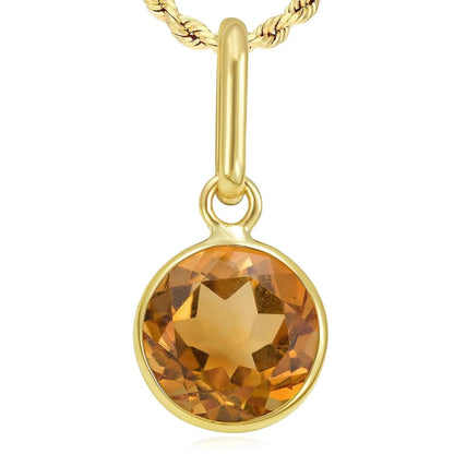 Real 14K Gold Round Solitaire Natural Gemstone Charm Pendant 0.7"