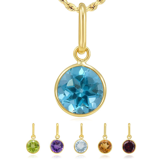 Real 14K Gold Round Solitaire Natural Gemstone Charm Pendant 0.7"