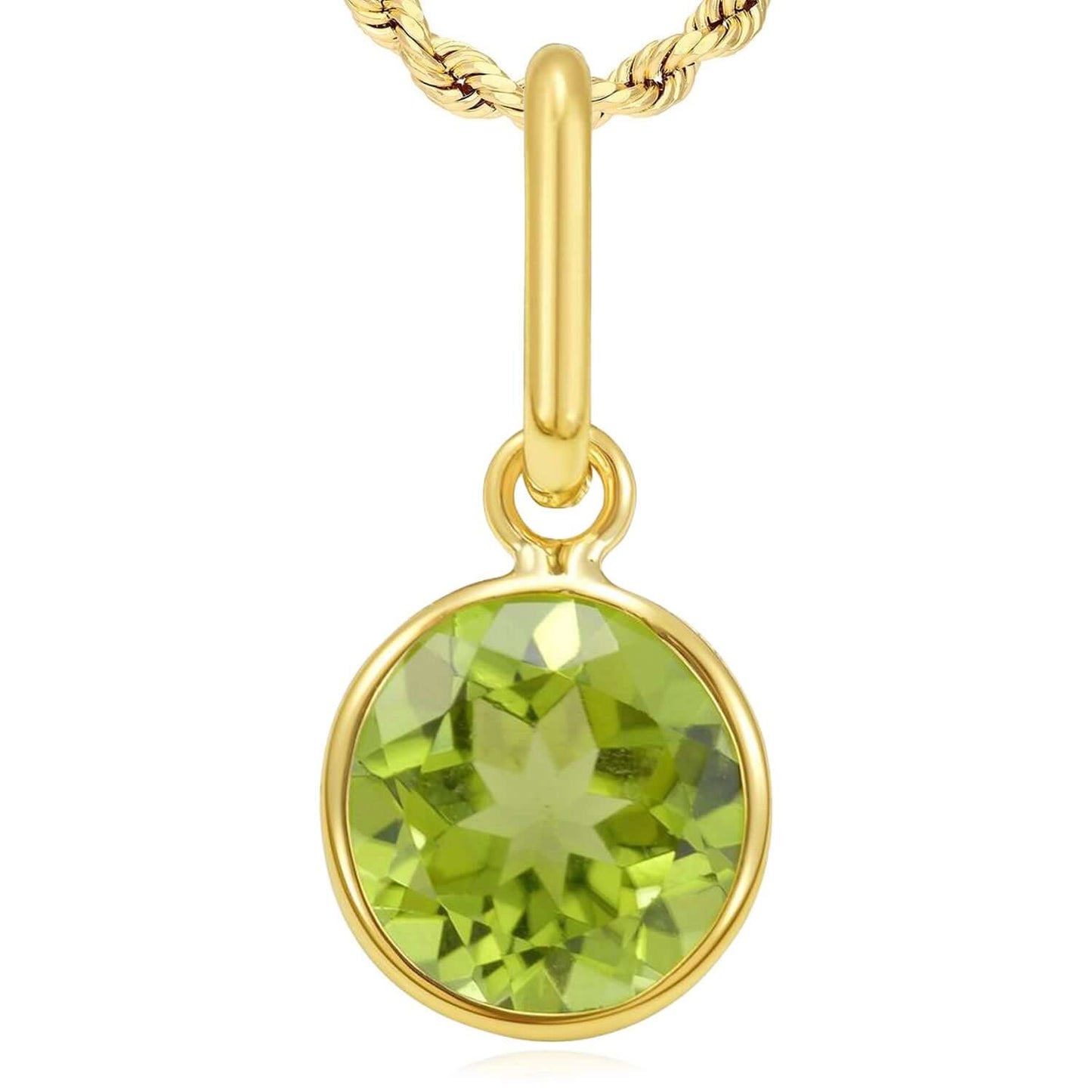 Real 14K Gold Round Solitaire Natural Gemstone Charm Pendant 0.7"