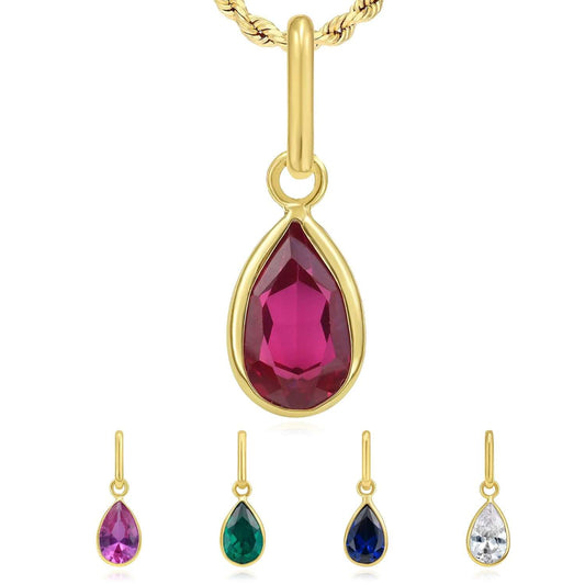 Real 14K Gold Pear Simulated Gemstone Charm Pendant 0.8"