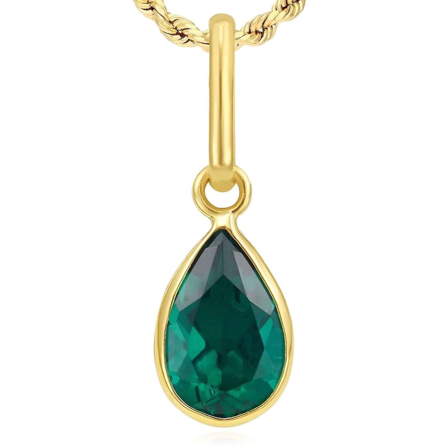 Real 14K Gold Pear Simulated Gemstone Charm Pendant 0.8"