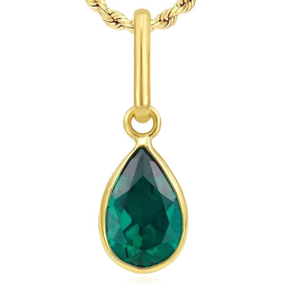 Real 14K Gold Pear Simulated Gemstone Charm Pendant 0.8"