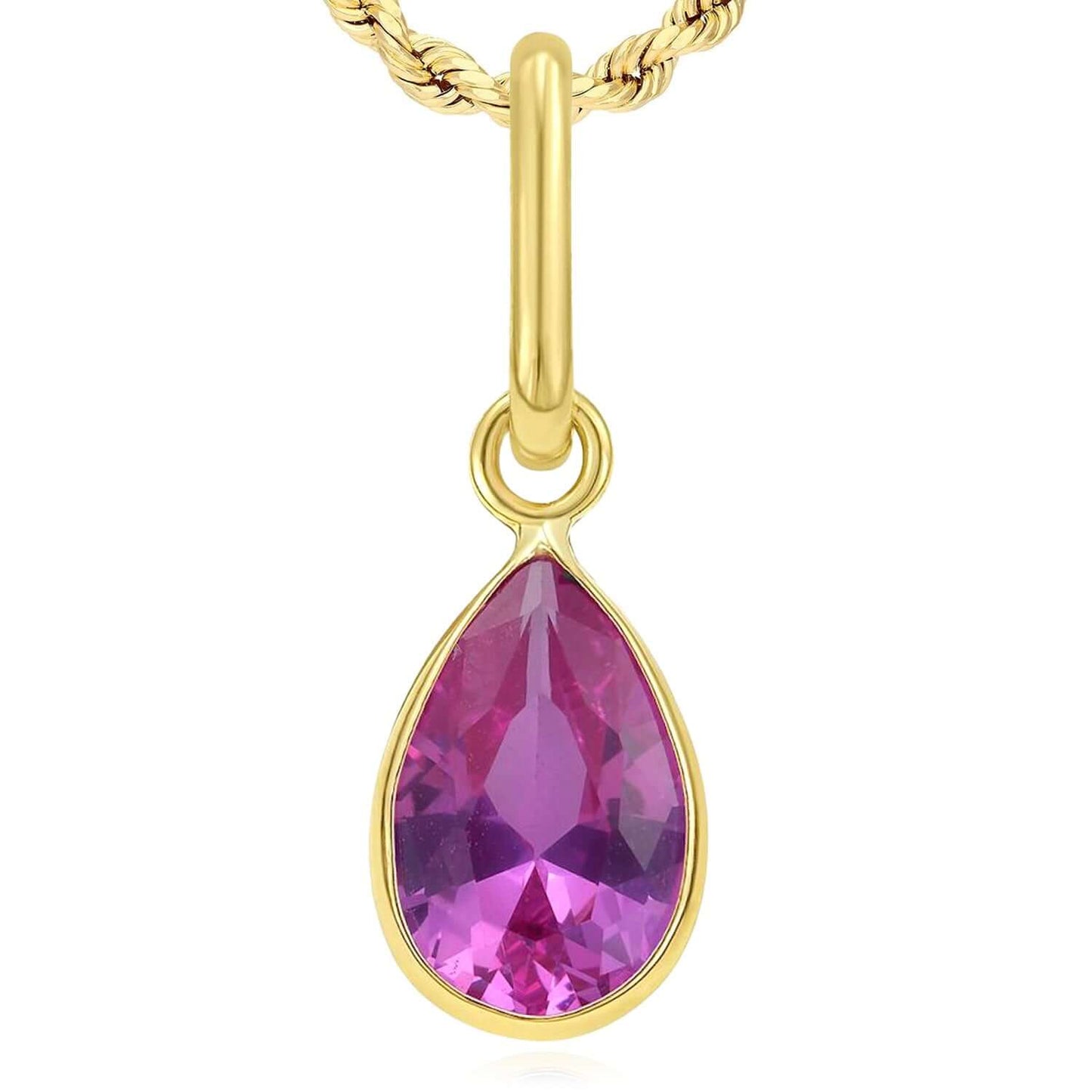Real 14K Gold Pear Simulated Gemstone Charm Pendant 0.8"