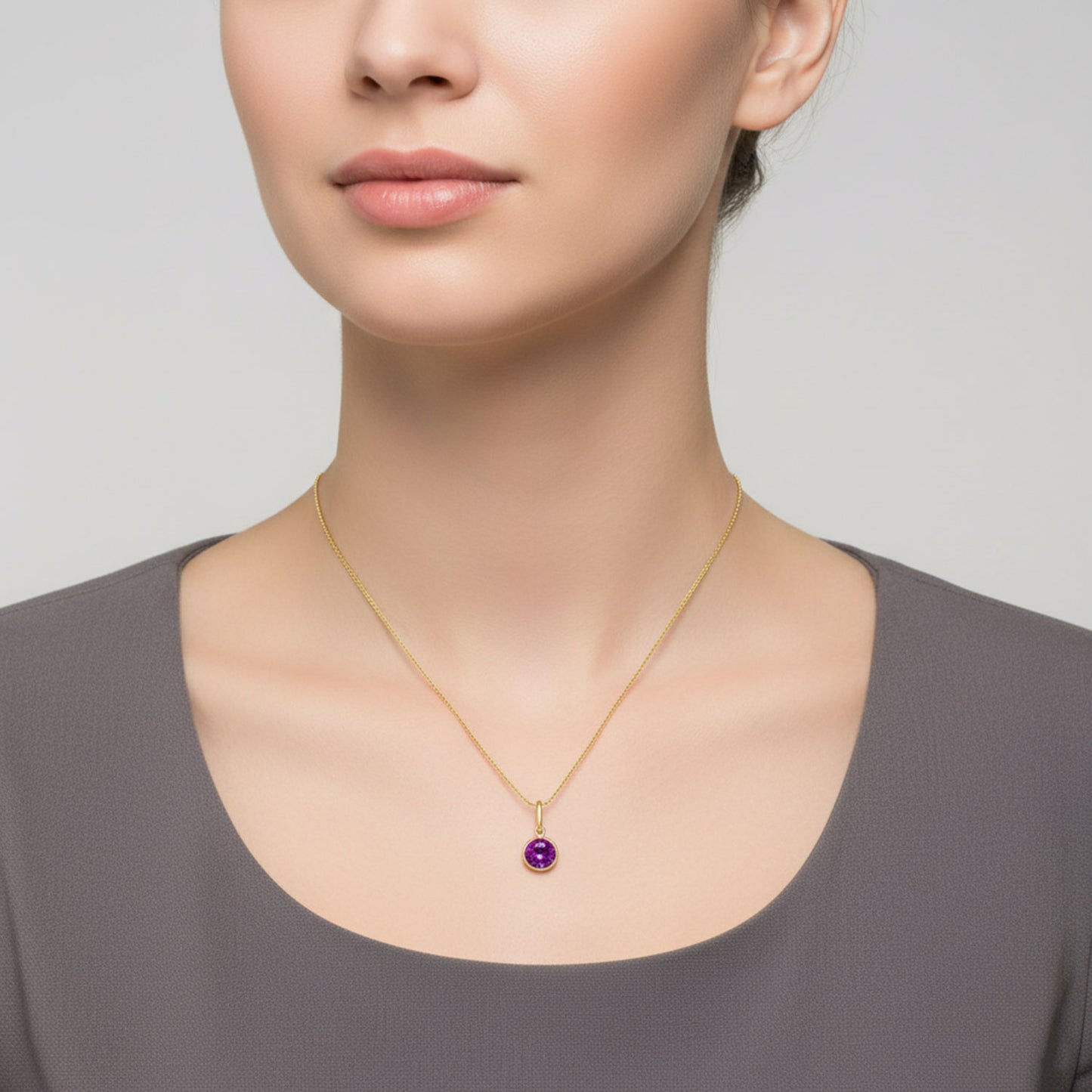 Real 14K Gold Round Simulated Gemstone Charm Pendant 0.7"