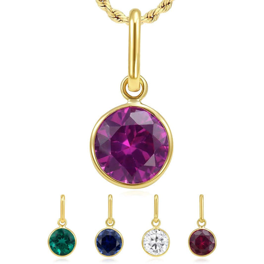 Real 14K Gold Round Simulated Gemstone Charm Pendant 0.7"