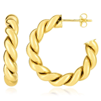 Real 14K Gold Polished Twisted C - Hoop Earrings 26mm - WJD Exclusives