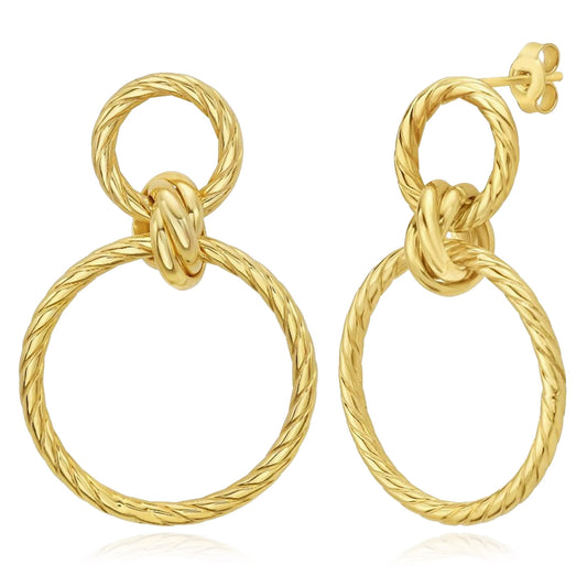 Real 14K Gold Double Twist Round Dangle Stud Earrings 36mm