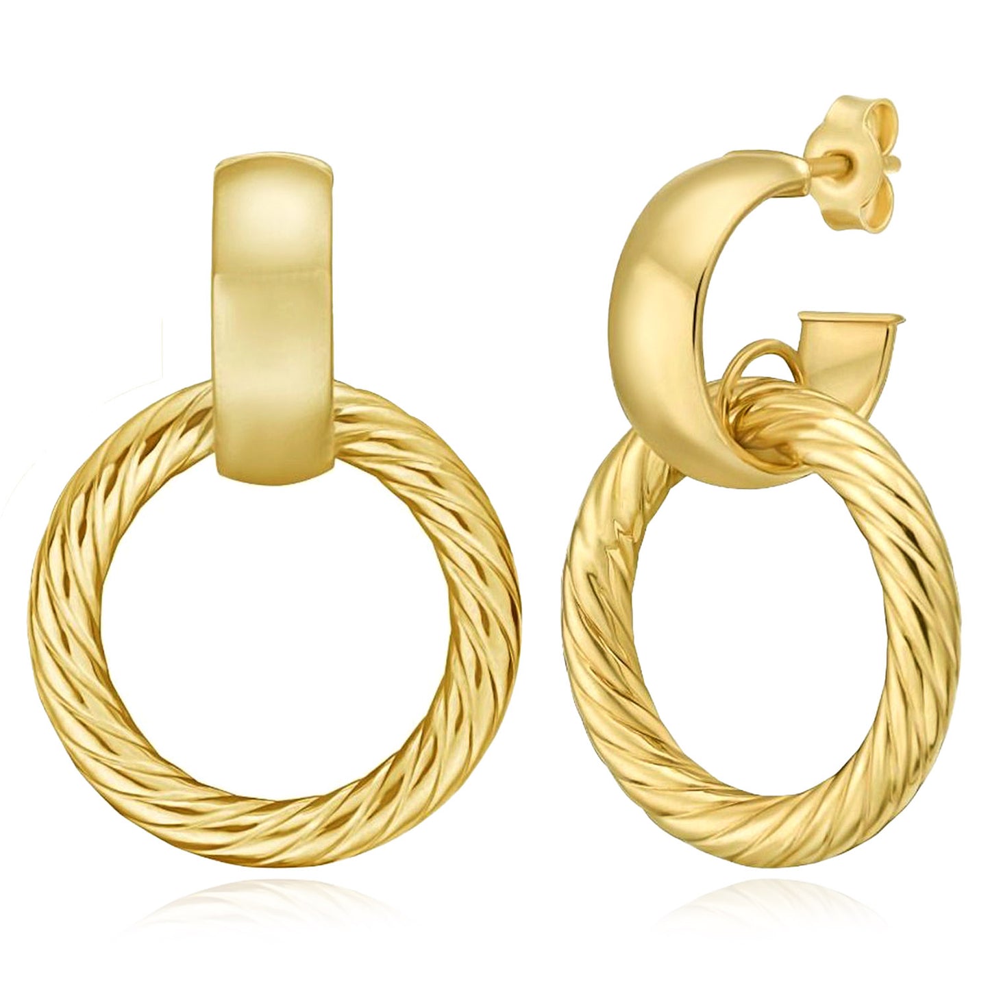 Real 14K Gold Double Round Twist Dangle Stud Earrings 29mm