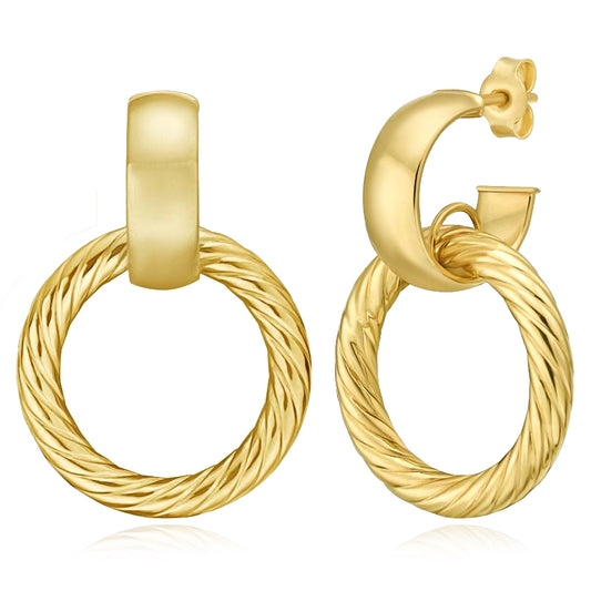 Real 14K Gold Double Round Twist Dangle Stud Earrings 29mm