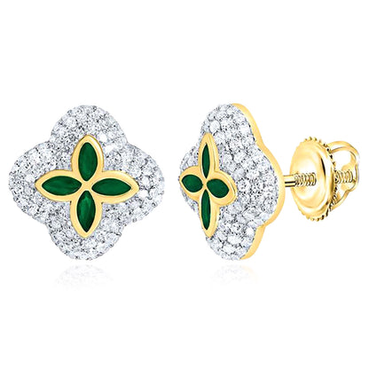 0.95CTW Real Diamond & Natural Ruby Emerald 10K Real Gold Clover Stud Earrings 12mm