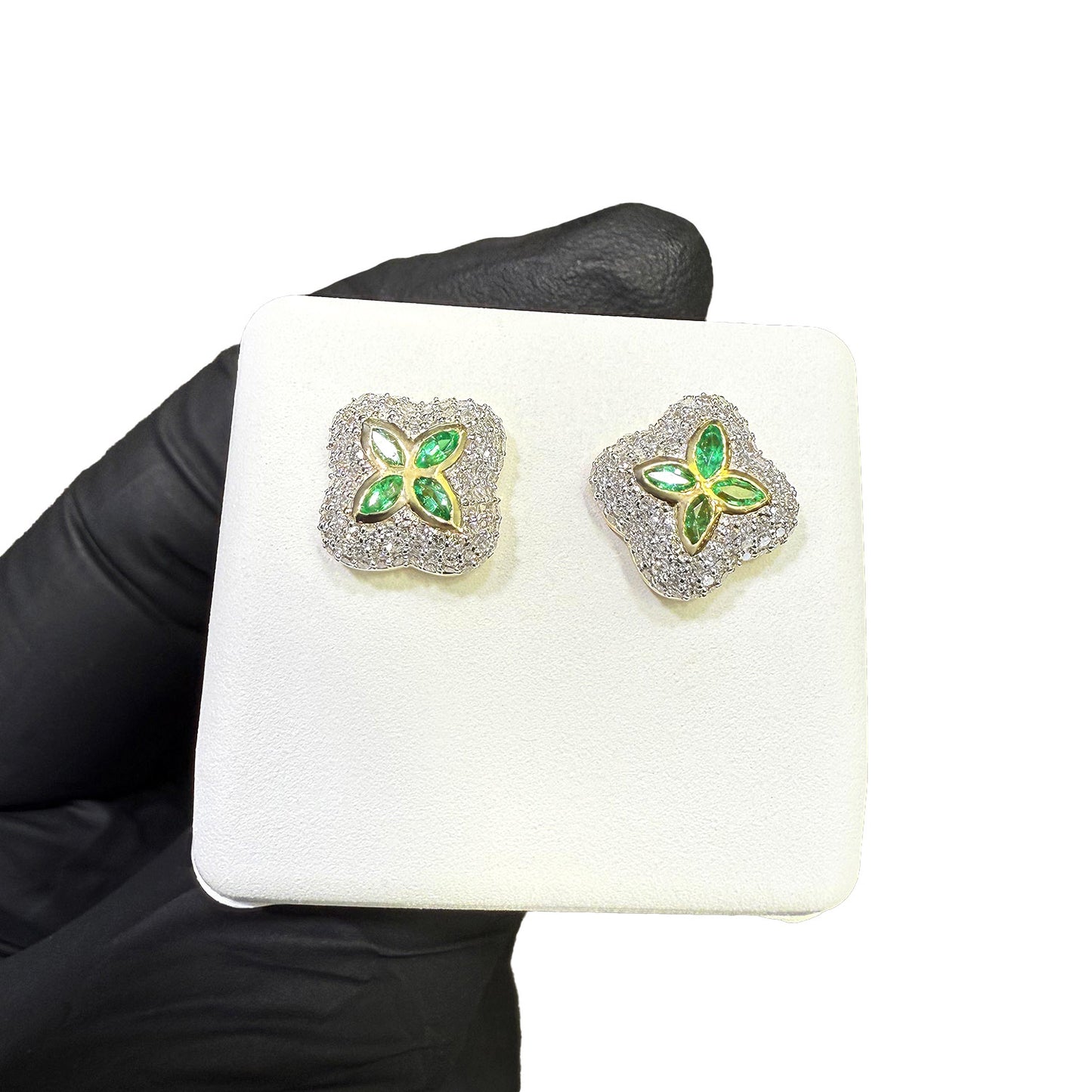 0.95CTW Real Diamond & Natural Ruby Emerald 10K Real Gold Clover Stud Earrings 12mm