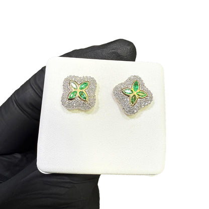 0.95CTW Real Diamond & Natural Ruby Emerald 10K Real Gold Clover Stud Earrings 12mm