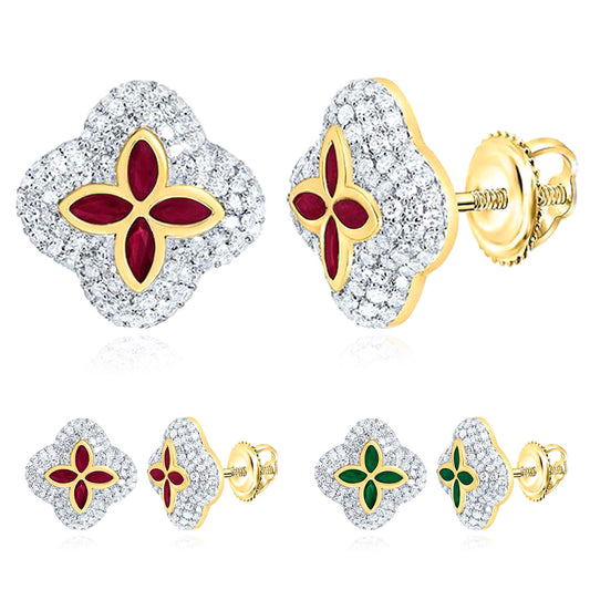 0.95CTW Real Diamond & Natural Ruby Emerald 10K Real Gold Clover Stud Earrings 12mm