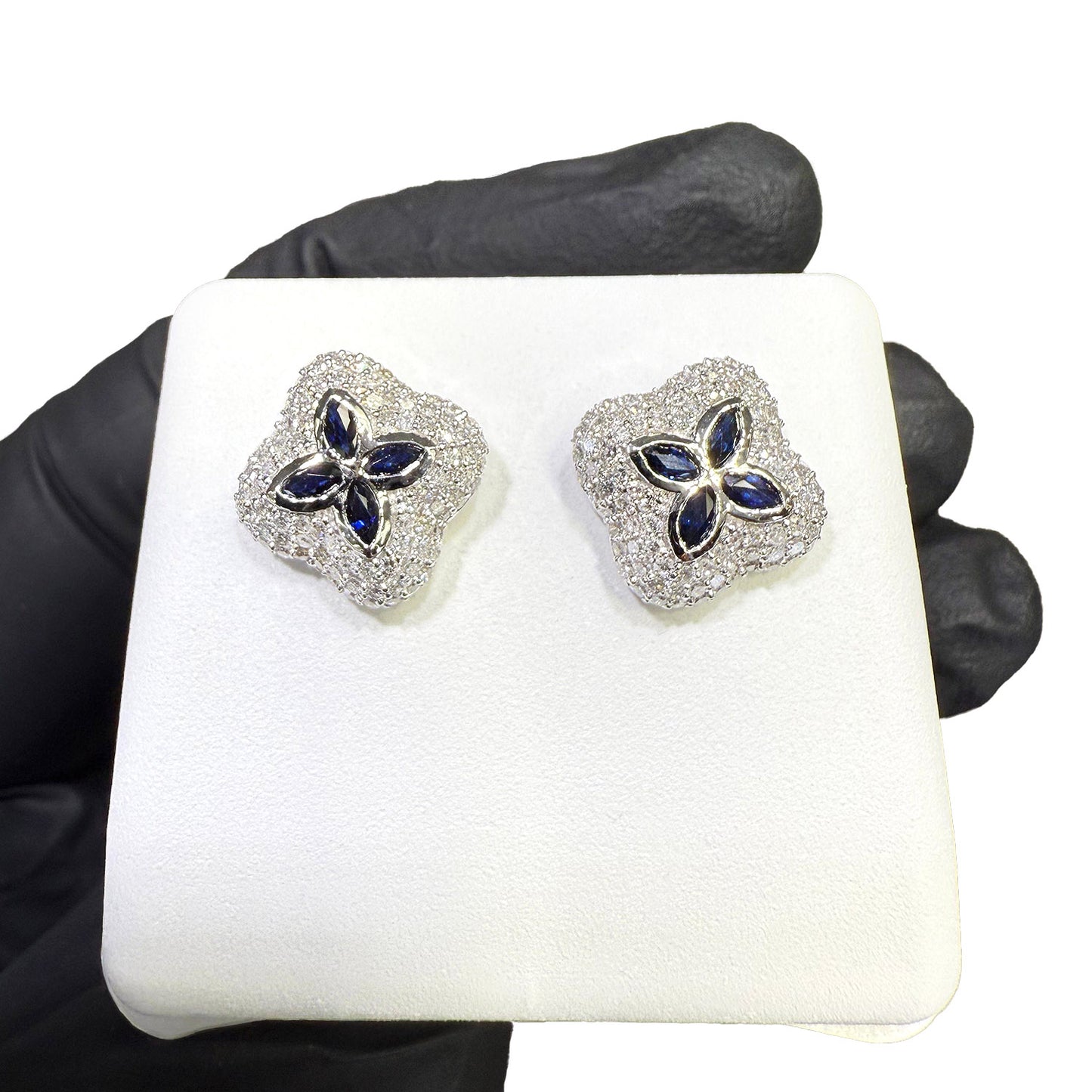 0.95CTW Real Diamond Natural Sapphire Real 10K White Gold Clover Stud Earrings 12mm