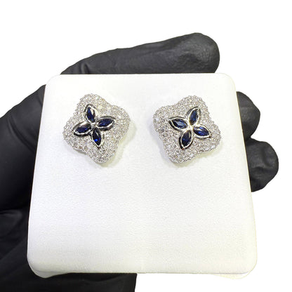 0.95CTW Real Diamond Natural Sapphire Real 10K White Gold Clover Stud Earrings 12mm