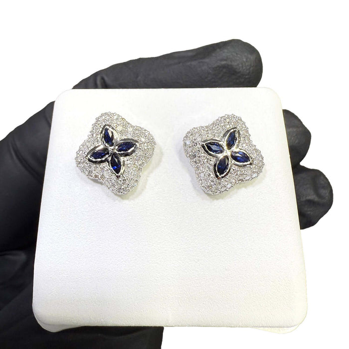 0.95CTW Natural Diamond Natural Sapphire Real 10K White Gold Clover Stud Earrings 12mm - WJD Exclusives