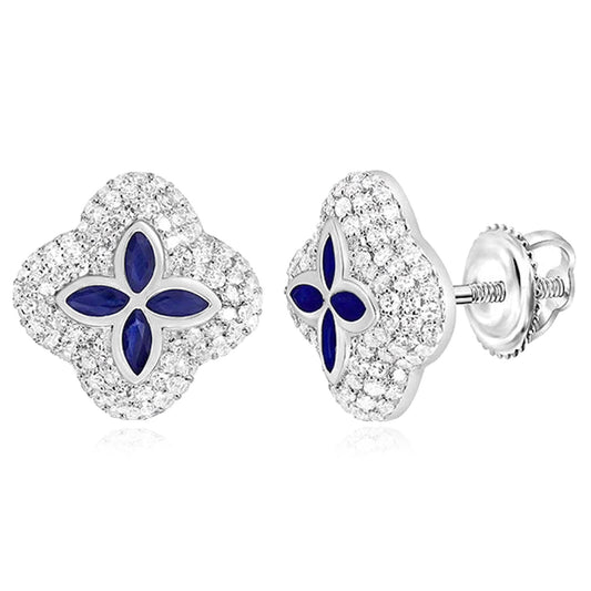0.95CTW Real Diamond Natural Sapphire Real 10K White Gold Clover Stud Earrings 12mm