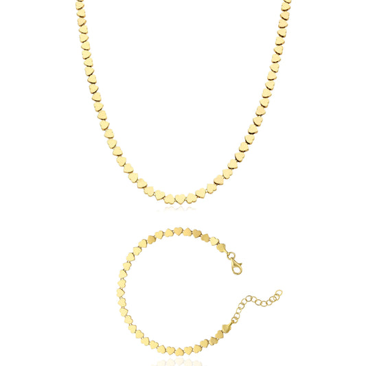 14K Yellow Gold Heart Link Necklace & Bracelet Set, Made in Italy