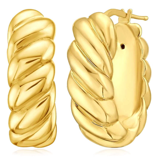 Real 14K Gold Puffed Croissant Hoop Earrings 22mm