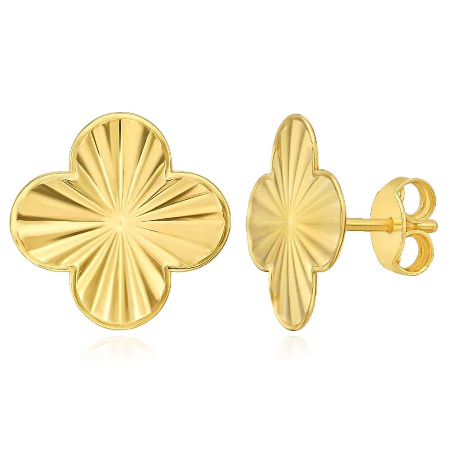 Real 14K Gold Textured Clover Flower Stud Earrings 12mm
