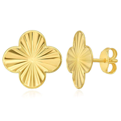 Real 14K Gold Textured Clover Flower Stud Earrings 12mm