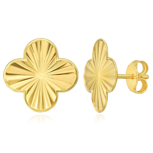 Real 14K Gold Textured Clover Flower Stud Earrings 12mm