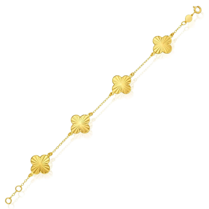 14K Yellow Gold Textured Clover Bracelet (Solid Links) 6.5" - 7.25" Adjustable - WJD Exclusives